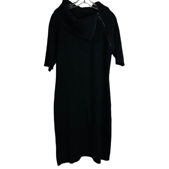 Calvin Klein Black Zip Cowl Neck Knit Sweater Dress Asymmetric Short Sleeve M - Picture 4 of 13